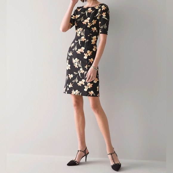 WHBM Black Anthurium Tossed Floral Elbow Sleeve Sheath Dress sz 8 Boat Neck - Picture 16 of 16